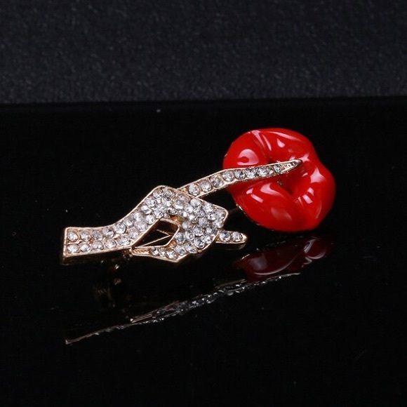 Rhinestone Hand Enamel Lip Brooches Women Sexy Secret Pose Casual Brooch. - Picture 2 of 8
